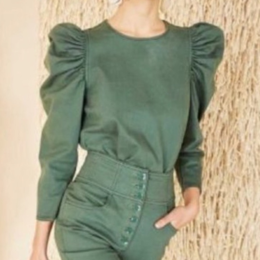 Ulla Johnson Finn Green Denim Puff Sleeve Top 0